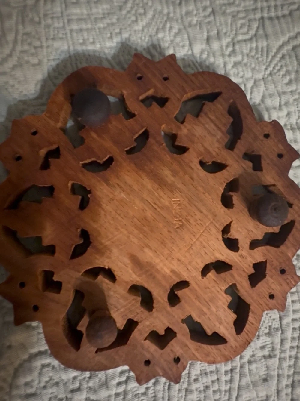 Hand Carved Wooden Trivet w/Inlaid Design 3 feet, gently used.